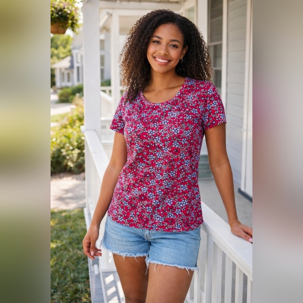 BRINK Red Blue Floral Short Sleeve T-Shirt Women’s Size Large Casual Summer Top